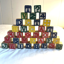 Vintage Wooden Blocks 35pcs. Alphabet Numbers Pictures 1-inch Blocks