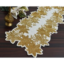 TBS White Golden Floral Design Hand Crafted Table Runner Fully Beaded 13" x 36"