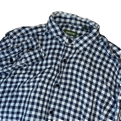 Orvis Shirt Men's Large Linen Blend Long Sleeve Active Fit Blue Plaid Outdoors