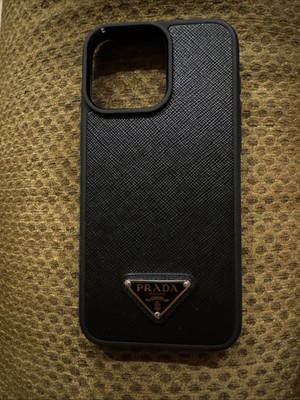 PRADA iPhone15 Pro Max Triangular logo Safiano iPhone case black leather unisex