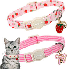 2 Pack Pink Cat Collars - Spring Summer Strawberry Breakaway Cat Collar with Bel