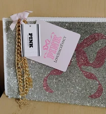 Victoria's Secret PINK x Love Shack Fancy Wristlet Pouch Bling Bow Chain Strap
