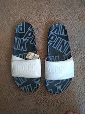 NEW Victoria Secret Pink WHITE BLACK LOGO CROSSOVER SLIDES FLOP L 9/10 HTF