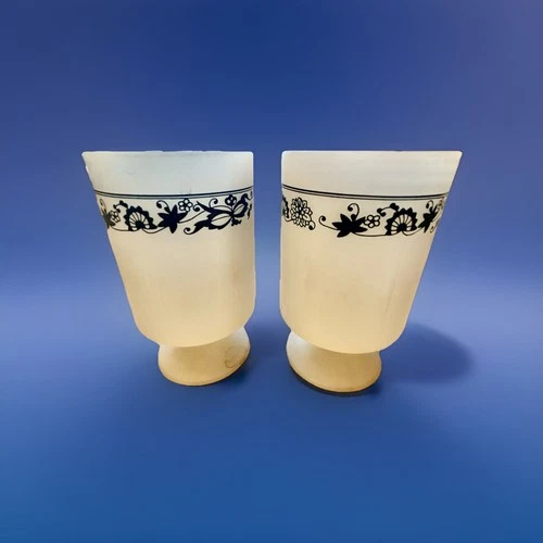 Vintage Milk Glass Blue Onion Coffee Cup Mug Set /2 Pedestal Footed