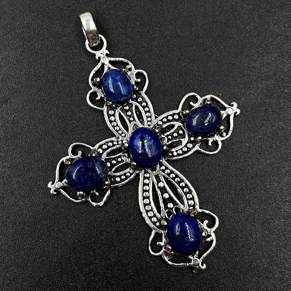 925纯银Lapis Lazuli宝石珠宝十字架吊坠 — 第 2/4 张图片