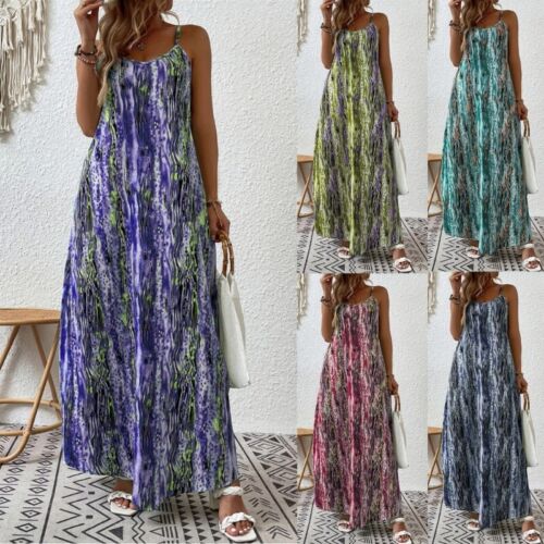 Women Summer Spaghetti Strap Backless Gradient Print A-Line Maxi-Long Cami Dress - Picture 1 of 48