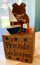 1990  s VINTAGE ADORABLE HAND CRAFTED WOOD WELCOME FRIENDS BLOCK  3