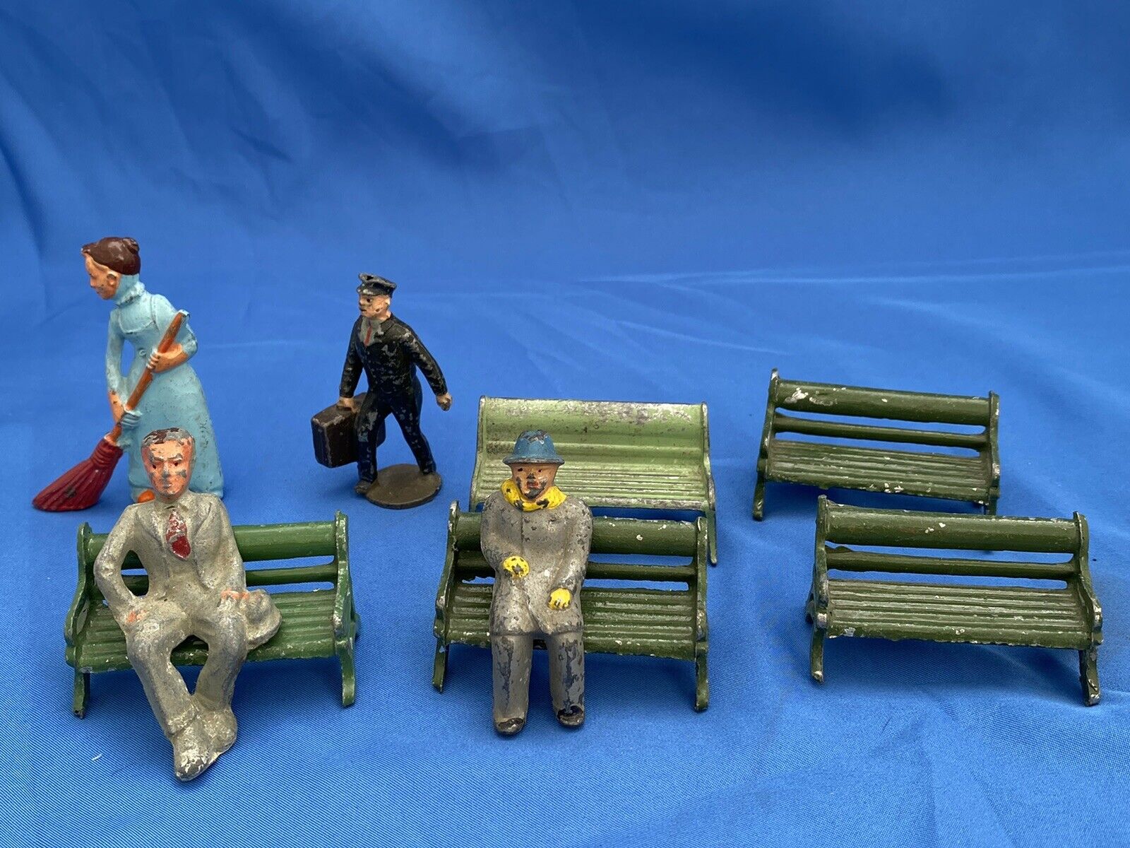 Vtg Large Lot Lead Figures - Winter Park Benches Lady With Broom Businessman