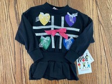 Vtg 80s NWT Bull Frog Girls Applique Hears Bows Dolman Black Sweater Girl's Sz 4