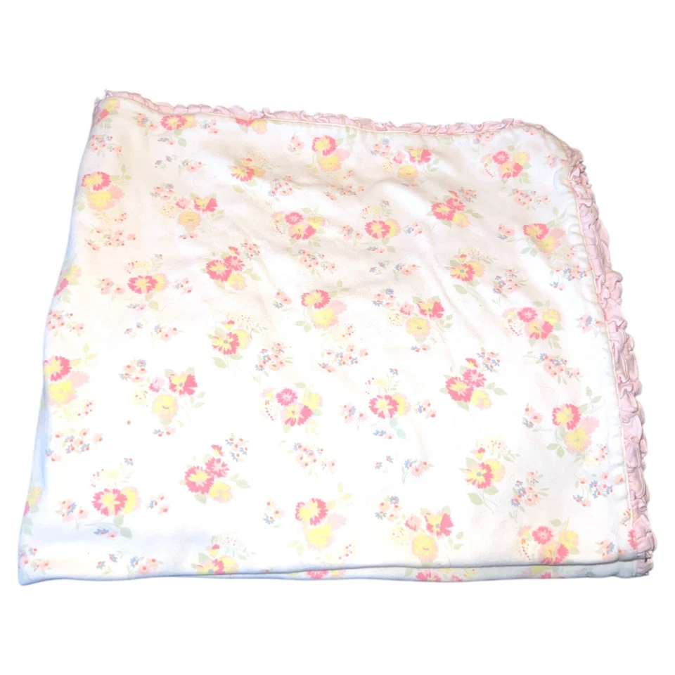 Cobertor de bebê vintage Baby Gap 2004 rosa branco amarelo verde algodão babado flor - Imagem 2 de 4