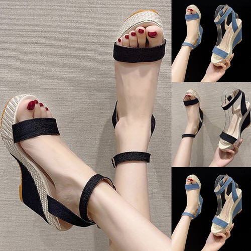 Women Sandals Casual Open Toe Chunky Heel Platform Wedge Wedge Button Sandals - Picture 2 of 14