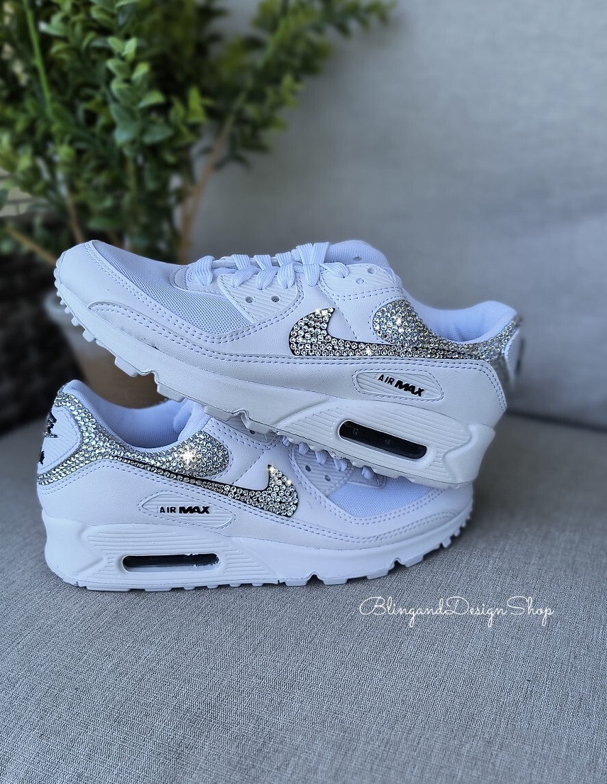Bling Nikes Air Max 90 White Sneakers Shoes made with Swarovski