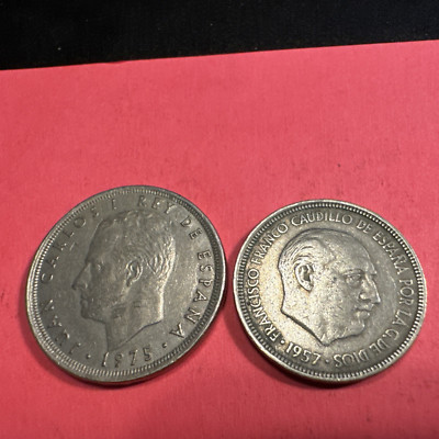 1957 5 Ptas & 1975 25 Ptas Spain. Nice circ coins w/sharp detail. Great value.