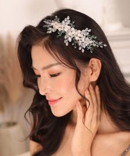 Bridal Green Crystal Headband Emerald Crystal and Pearl Hair Vine for Wedding...