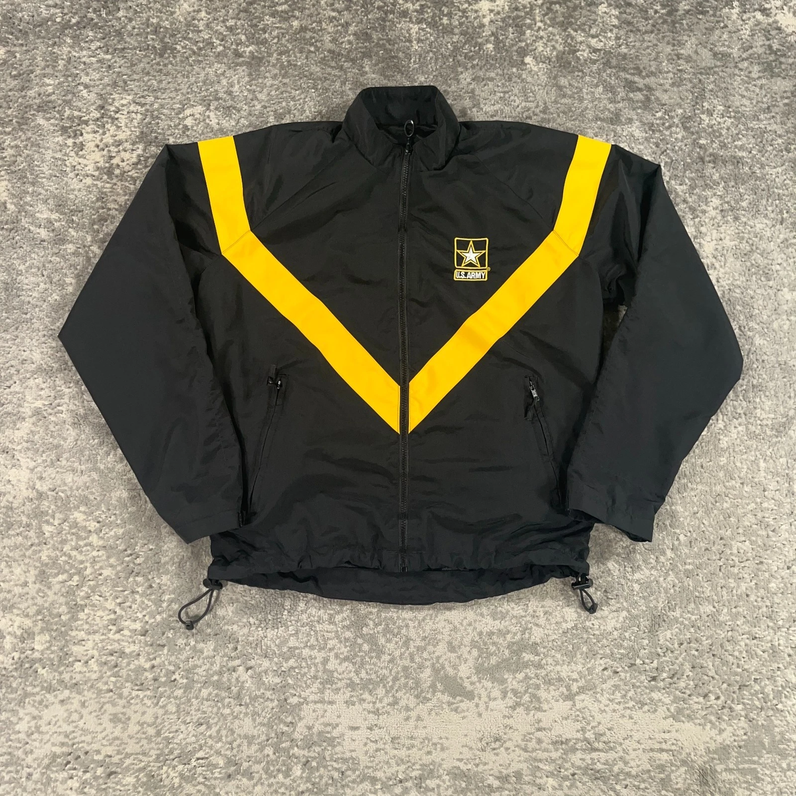 US Army Windbreaker Mens Small S Regular Black Yellow Stripe Full Zip Nylon APFU
