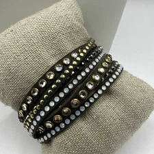 SWAROVSKI Slake Taupe Crystal Bracelet 15” Faux Suede Double Wrap Gold Tone