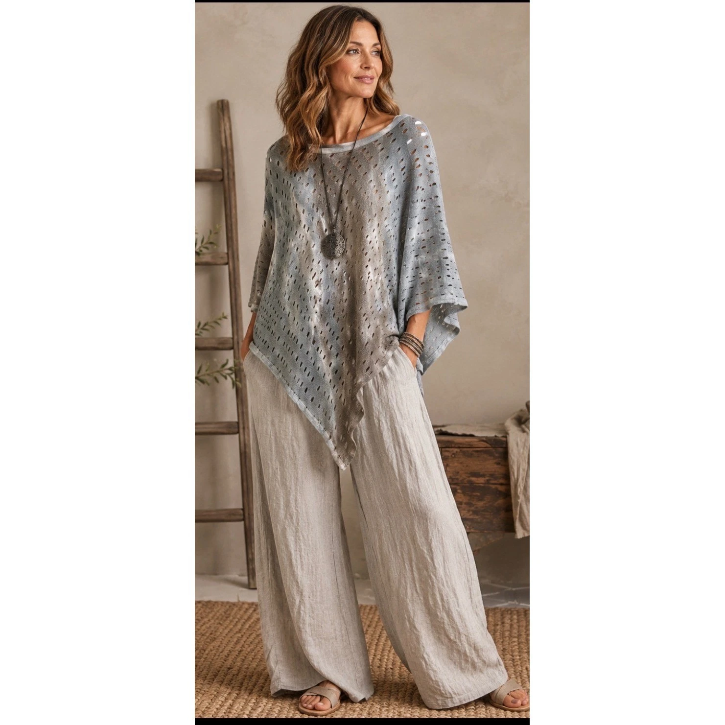 XCVI Gray tie dye Open Knit Poncho Sweater Asymmetrical Boho Coastal Lightweight