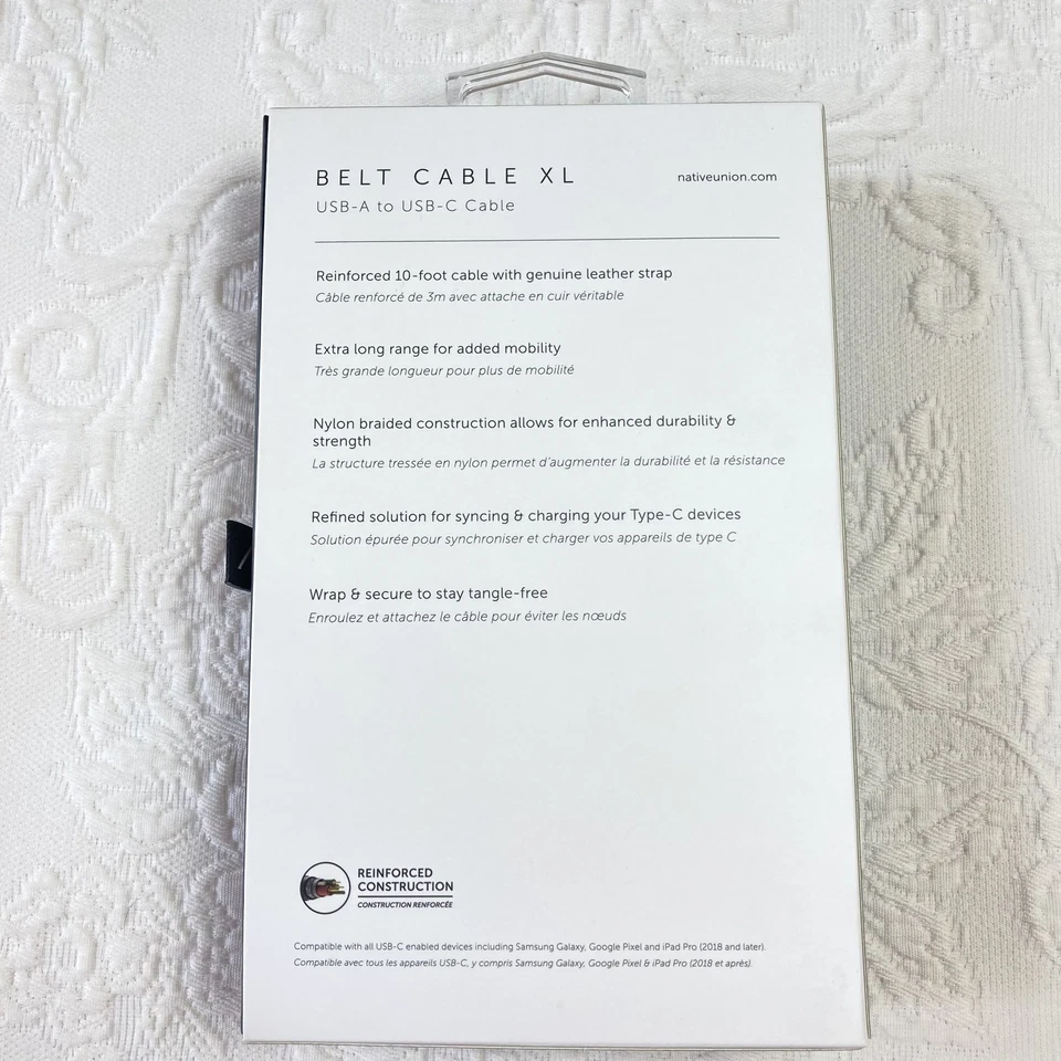 Cable de cinturón Native Union XL 10 pies USB-A a USB-C cable de carga trenzado cebra negro Foto 3 de 4