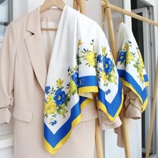 White Blue Yellow Floral Print Silk Satin Square Scarf for Women Ukraine Theme