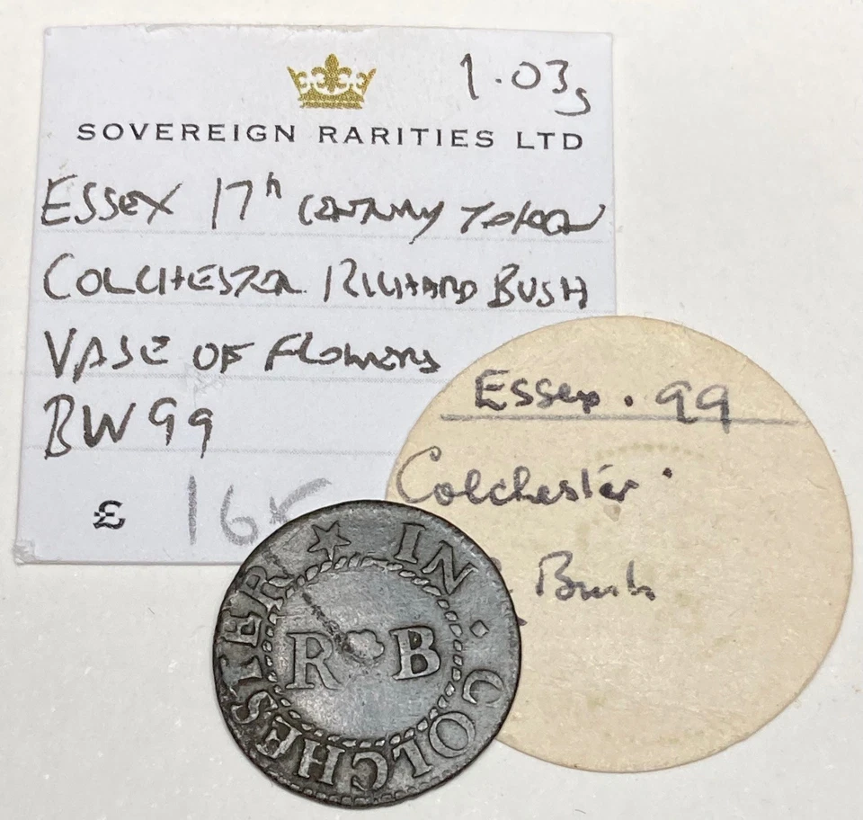 Rare Essex COLCHESTER hammered FARTHING token RICHARD BUSH vase of flowers W# 99 - Image 2 of 4