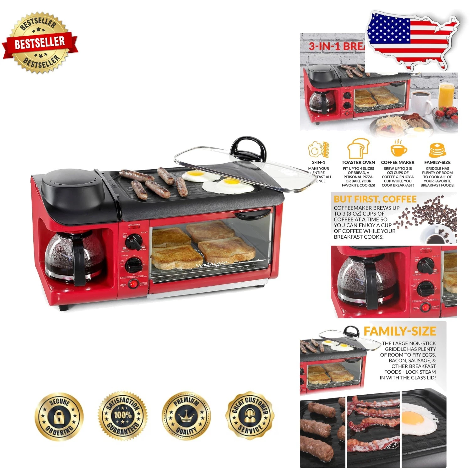 Red 3-in-1 Breakfast Maker 4-Slice Toaster Oven Coffee Griddle Classic