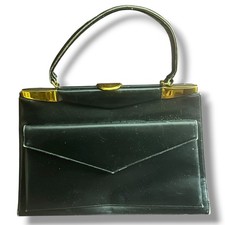 Vintage 1950s Artcraft Black Patent Handbag Red Lining w/ Mirror Gold Frame