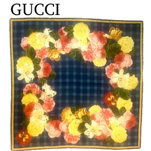 Étole châle GUCCI laine soie à carreaux floraux bleu marine rouge jaune vert 53,5 x 52,7 pouces