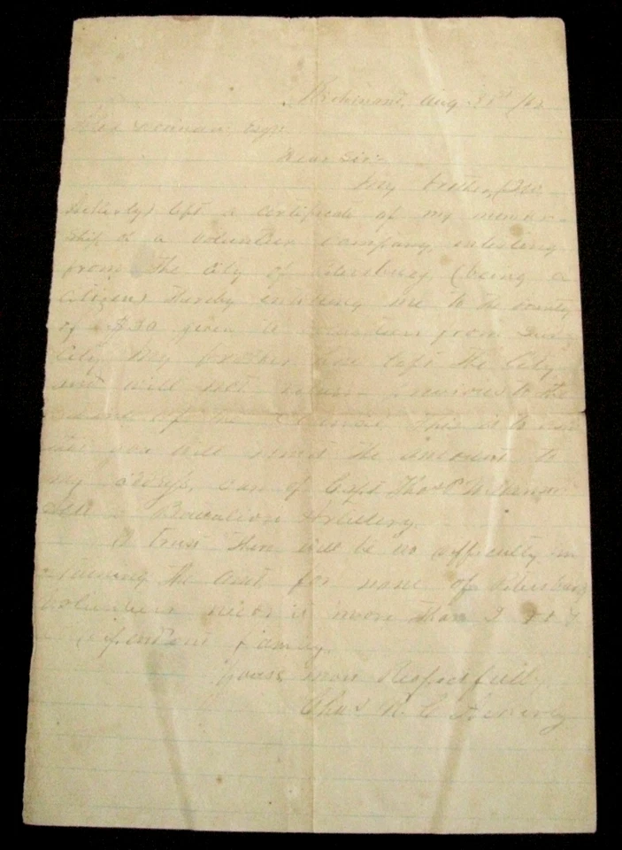 CARTA DE RECOMPENSA CONFEDERADA DE LA GUERRA CIVIL PETERSBURGO VIRGINIA CON PORTADA POSTAL Foto 2 de 4