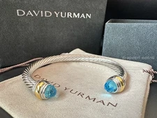 David-Yurman Silver 14 Gold 7mm Cable Cuff Bracelet With Blue Topaz Diamonds 7'