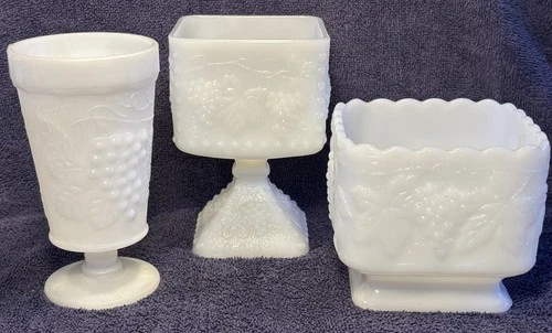 3 VTG Hocking Harvest Grape Scalloped Milk Glass Pedestal Planter Vases