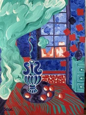 Modern Still Life Acrylic Painting Interior Scene with Vase & Fruit Signed Sassa