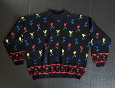 Vintage 80's Turning Point Tulip Acrylic SWEATER Red Blue Yellow Black Women's