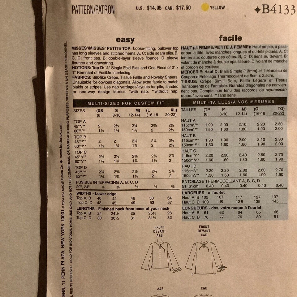 Butterick 4133 Sewing Pattern Long Sleeve Blouse Tunic Misses Size XS-MED UNCUT - Image 3 of 4