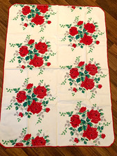 Vintage Tablecloth Red Roses Cotton Fabric Re...