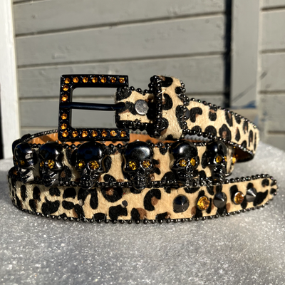 Cache Y2K Leopard Print Calf Hair Belt Women S Brown Crystal Buckle Made in‎ USA 9Os Y2k Vintage Leopard Cheetah Print Thin Genuine Leather  main image 4