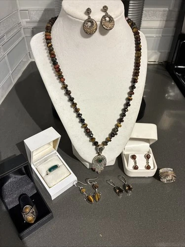 VTG 925 STERLING TIGERS EYE JEWELRY LOT NECKLACE POISON RING EARRINGS 12 PC 105g