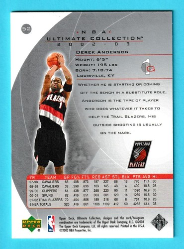 2002-03 Upper Deck Ultimate Collection Derek Anderson Blazers #52 433/750 - Picture 2 of 2