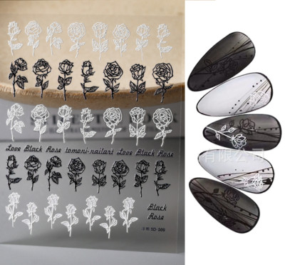 5D Embossed Black White Rose Flower Love Nail Stickers Self-Adhesive NH24