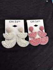 ON 34th Set Of Pink And White Gold-Tone Woven Beaded Raffia Drop Earrings 99