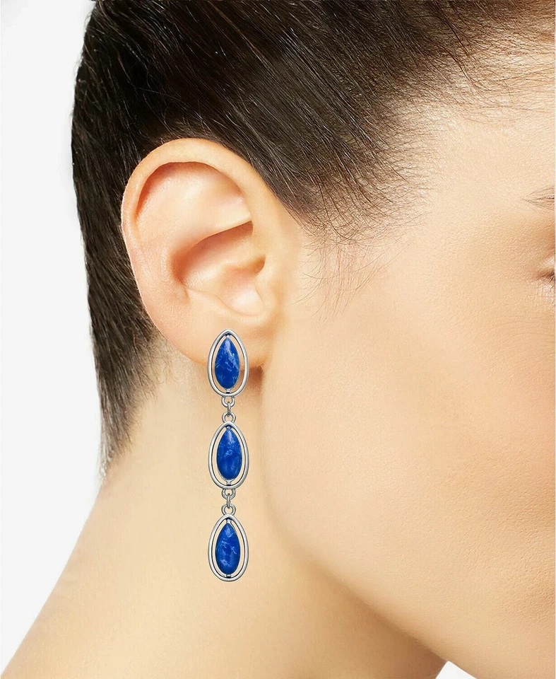 Alfani Silver-Tone Blue Stone Linear Earrings MSRP $30 - Image 2 of 2