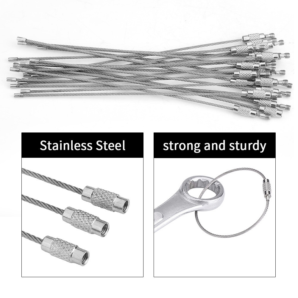 20pcs Stainless Steel Aircraft Cable Wire Loop Tag Key Chain Ring Screw Lock