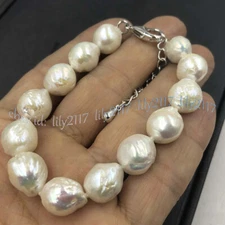 Huge 13-15mm Real South Sea Natural White Baroque Edison Pearl Bracelet 7.5 inch