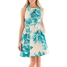 Danny & Nicole-Sleeveless Keyhole Floral Fit &Flare Dress ,  size: 6 P, Aqua
