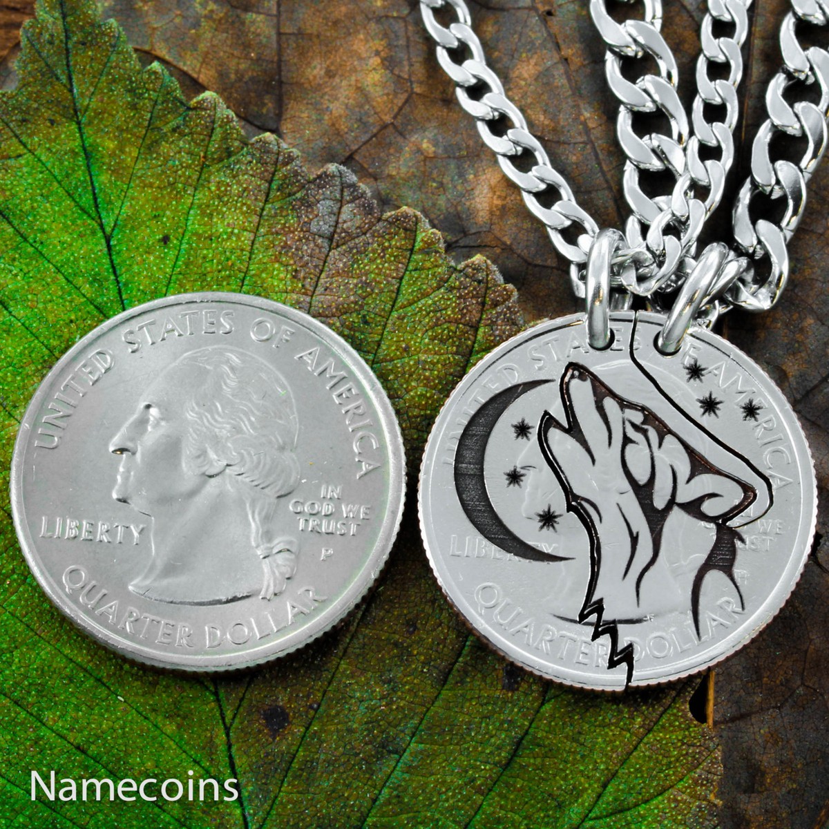 Howling Tribal Wolf with Moon Interlocking necklaces, Etched and Handcut  jewelry