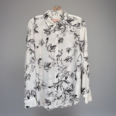 Philosophy Womens L Top Tulips Blouse Shirt White Black Floral button down 
