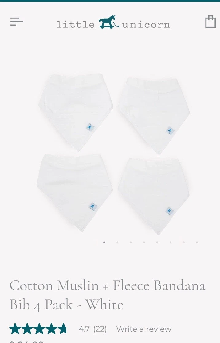 NWT Little Unicorn Cotton Muslin + Fleece Bandana Bib 4 Pack - White