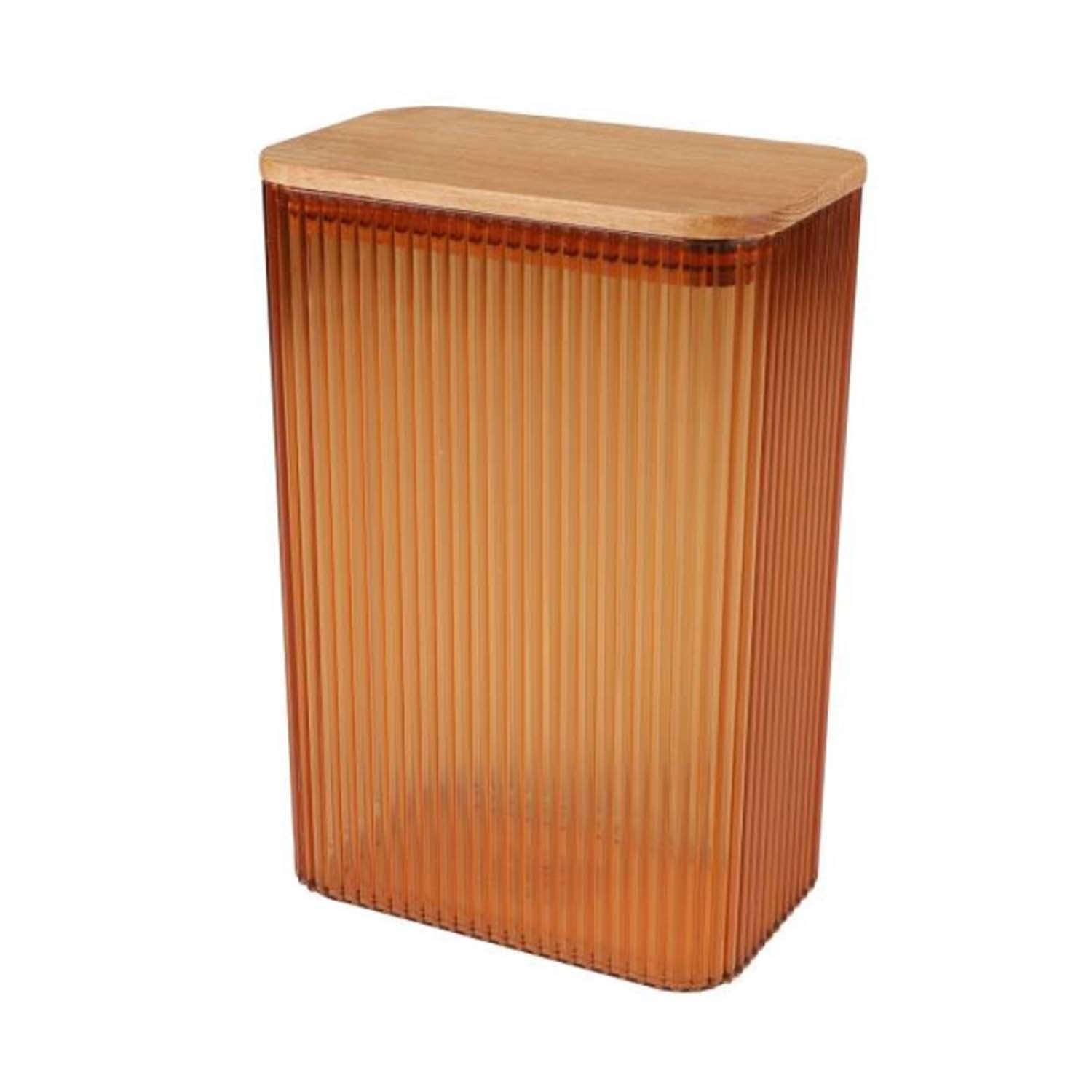 Ribbed Plastic Container with Airtight Bamboo Lid 2L Kitchen Food Storage Amber