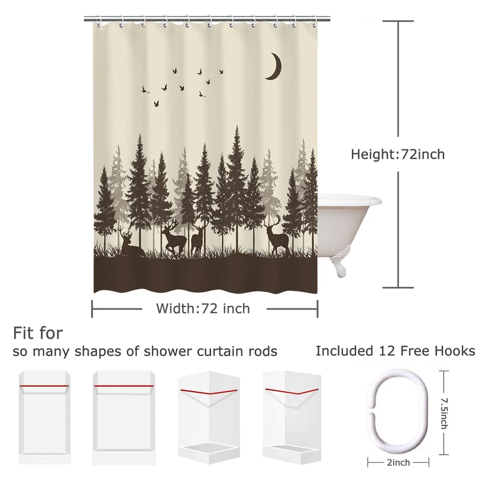 Deer Shower Curtain, Rustic Cabin 72 Inch Forest Moose Pattern Brown Shower C... - Изображение 4 из 4