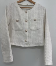 Women's Ivory Tweed Cropped Jacket Gold Tone Buttons Long Sleeve Size S