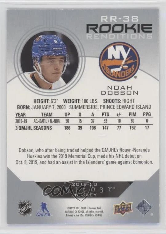 2019-20 Upper Deck Trilogy Rookie Renditions Noah Dobson #RR-38 RC - Image 2 of 2